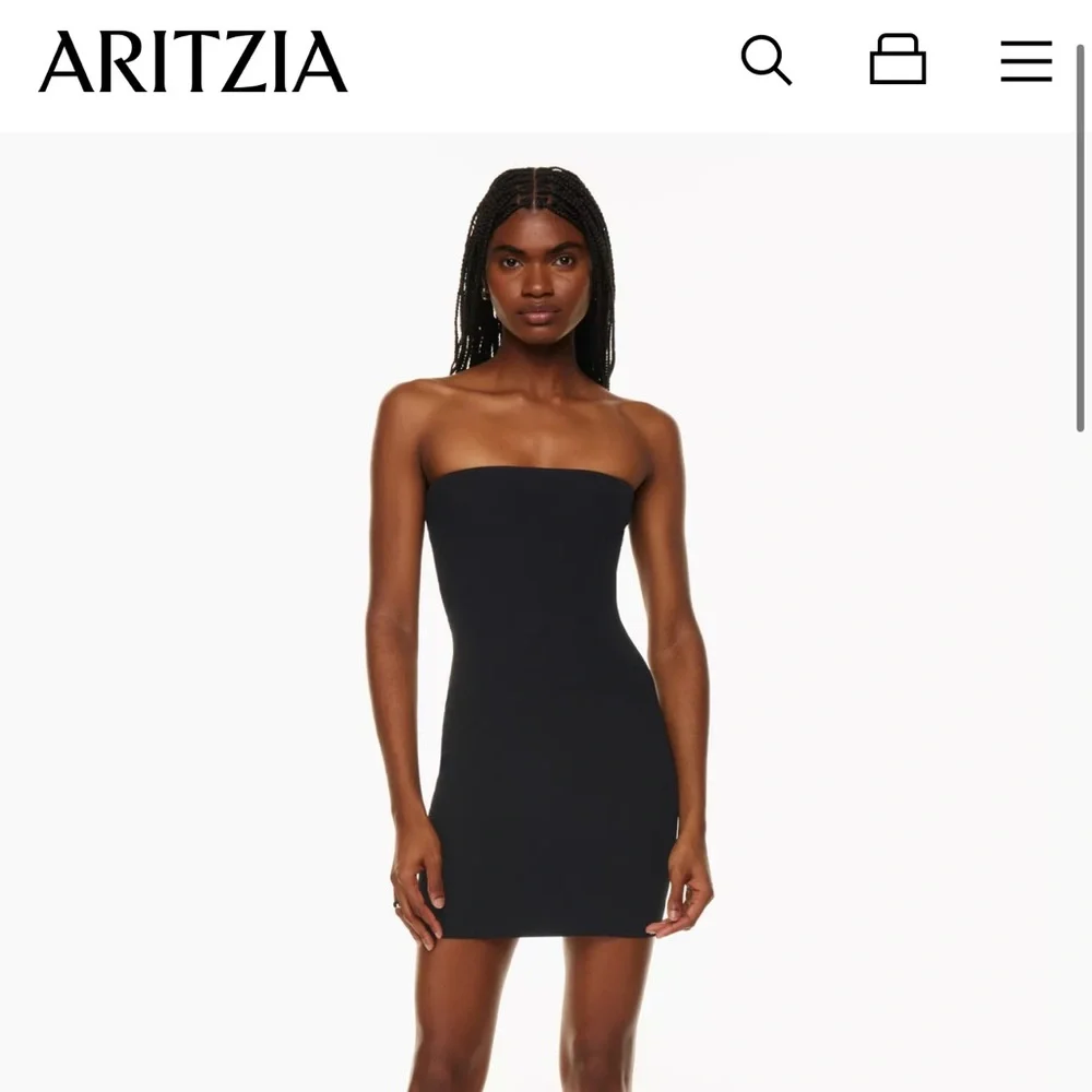 aritzia black strapless dress Aritzia Wilfred Black Strapless Sleeveless Ribbed Knit Tube Bandeau Crop Top 2XS main image 0
